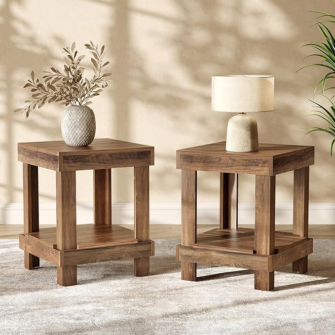 LITTLE TREE End Table Set of 2, All Wooden 2-Tier Square Side Table with Storage Shelves, Farmhouse Style Side End Table for Living Room, Small Bedside Table Nightstand for Bedroom, Reclaimed Natural