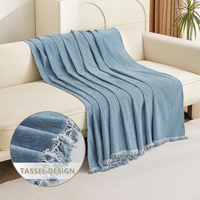 MYSKY HOME Chenille Couch Cover, Sofa Slipcover for 1-2 Cushion Sectional Couch, Machine Washable Soft Furniture Protector with Tassels, Futon Sofa Covers, Throw for Dogs, Kids, 71" x 102", Blue