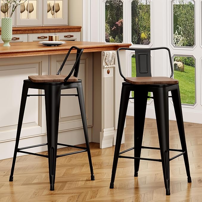 30 Inch Swivel Bar Stools Set of 2 with Backs Counter Height Industrial Metal Barstools Island Bar Chairs for Home Kitchen Dining Room (Swivel 30 inch,Matte Black Wooden)