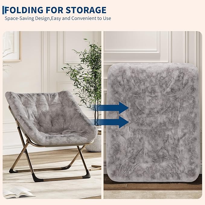 Comfy Chair for Adults, Foldable Living Room Chairs, Soft Faux Fur Folding Lounge for Bedroom Living Room Dorm Rooms, Flexible Reading Chair for Teens (1, Gray, X-Large)