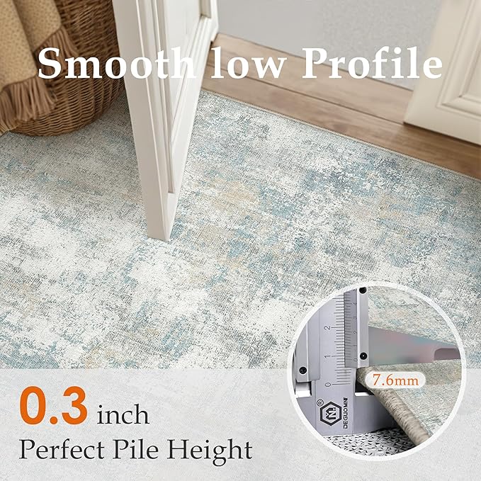 8x10 Washable Area Rug Blue Cream Modern Neutral Abstract Living Room Bedroom Indoor Floor Carpet Low Pile Soft Non-Slip Lightweight Vacuumable Large Throw Rug for Nursery Dining Room