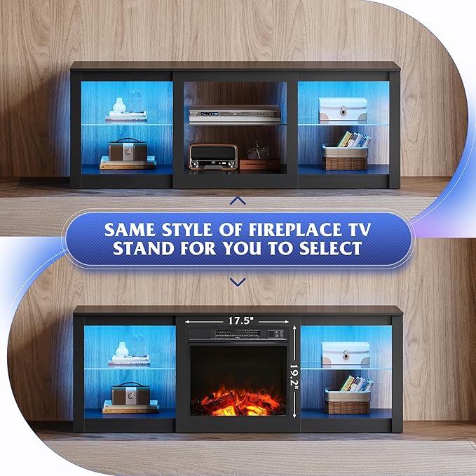 WLIVE 58 Inches Fireplace TV Stand with LED Lights, Modern Entertainment Center with 18'' Electric Fireplace & Adjustable Glass Shelves, Sturdy Media Console for Living Room, Bedroom,Gaming (Black)