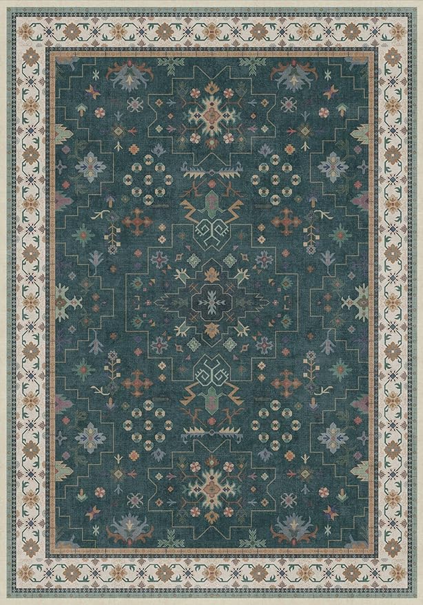Dark Green Vintage 7x10 Washable Rugs for Living Room - Dark Academia Victorian Floral Geometric Bedroom Rug, Ultra Soft Thin Low Pile Non-Slip Large Rugs for Lounge