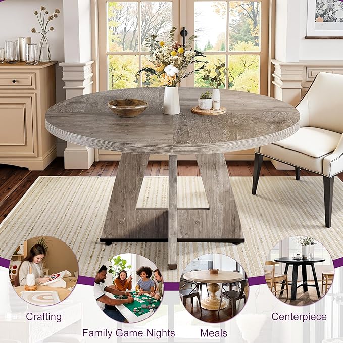 Round Dining Table for 4, 47" Wooden Kitchen Dinner Table Rustic, Farmhouse Table for Dining Room, Living Room, Gery