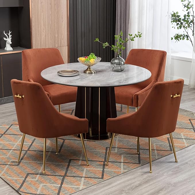 Modern Velvet Dining Chairs Set of 4, Contemporary Upholstered Furniture Collection with Polished Gold Metal Legs, Elegant Accent Chairs for Kitchen Living Room(Brown)