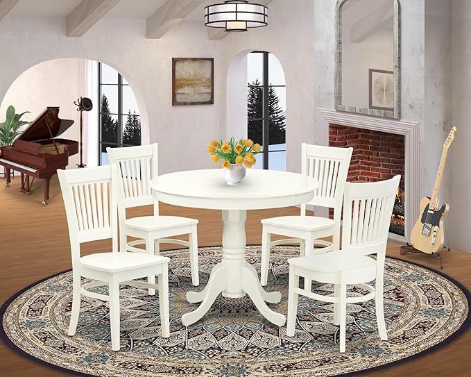 East West Furniture ANVA5-LWH-W 5 Piece Kitchen Table Set for 4 Includes a Round Dining Room Table with Pedestal and 4 Solid Wood Seat Chairs, 36x36 Inch, Linen White