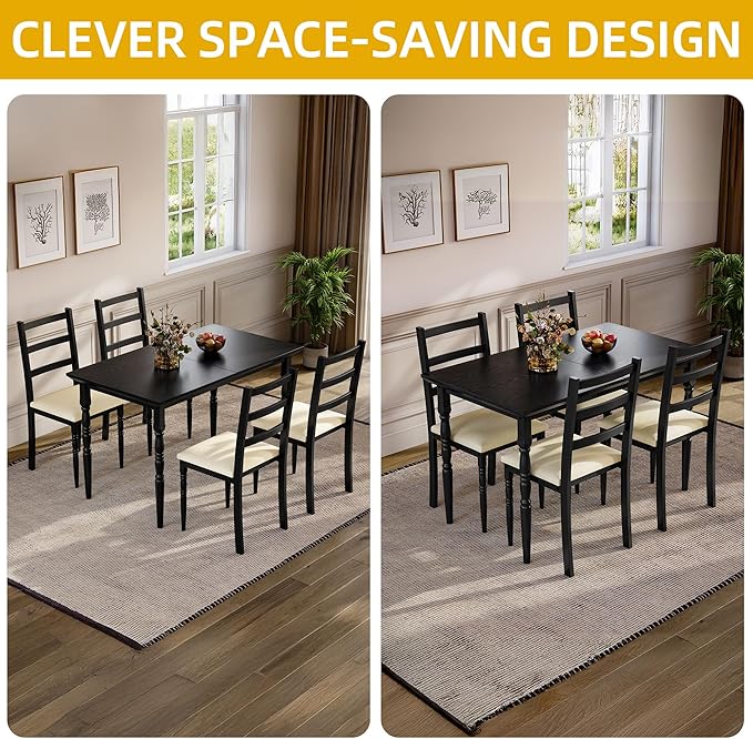 DWVO 5-Piece Dining Table Set for 4, Kitchen Dining Room Table with Upholstered Chairs, Faux Leather Cushions, Modern Rectangular Dinner Table Set for Small Spaces & Apartment, Black