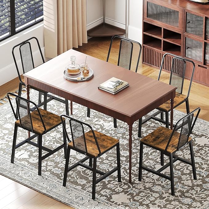 Dining Chairs Set of 6, Wooden Kitchen Chairs, Farmhouse Dining Chairs with Back Support, for Living Room, Kitchen, Rustic Brown and Black CY01L6BR