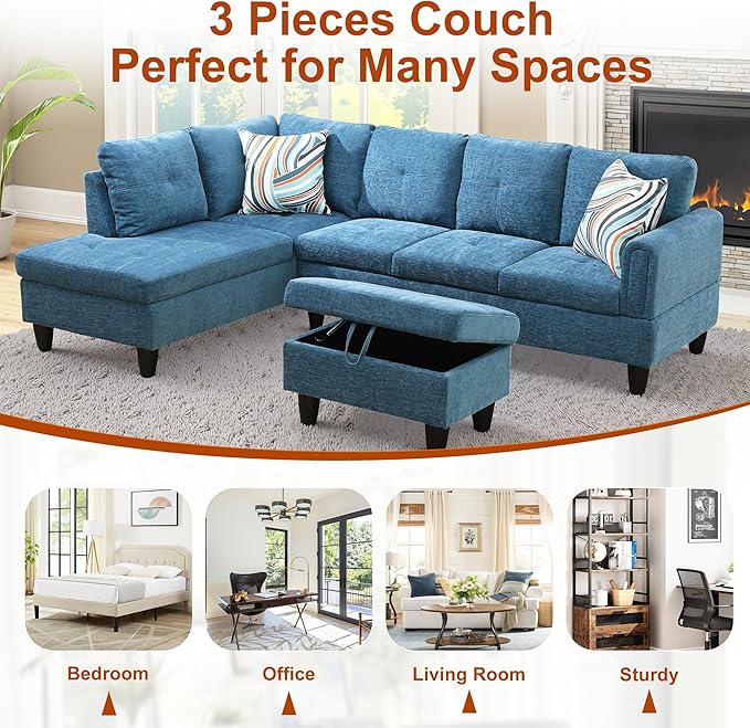Osparple L Shaped Couch Sectional Couches for Living Room Upholstered Flannel 3 Pieces Modular Sectional Sofa with Chaise, Ottoman with Storage for Living Room and Small Apartment, Blue