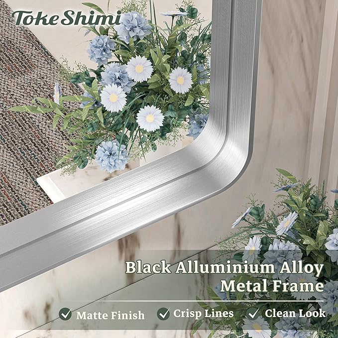 TokeShimi 24 x 32 Inch Brushed Silver Bathroom Mirror for Wall Brushed Brass Metal Rounded Corner Rectangle Mirror Metal Frame Deep Set Design Hangs Horizontal Or Vertical