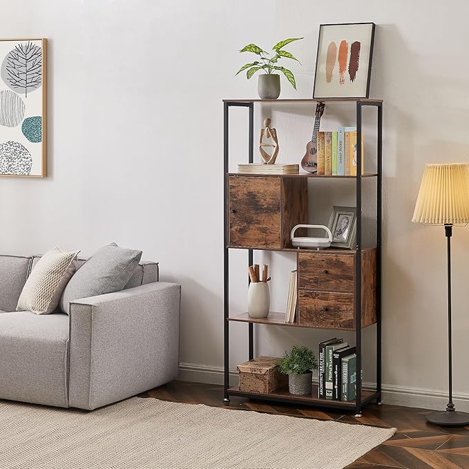 VECELO 5-Tier Bookshelf,Bookcase with 2 Storage Drawers and 1 Cabinet, Wooden Shelf with Metal Frame Open Book Shelves Standing Shelf Unit for Living Room, Bedroom,Office