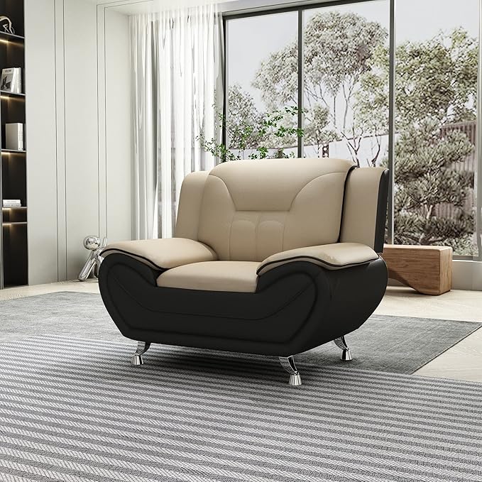 Container Furniture Direct Michael Modern Faux Leather Upholstered Stainless Steel Legs Living Room Sofa, Chair, Camel/Black