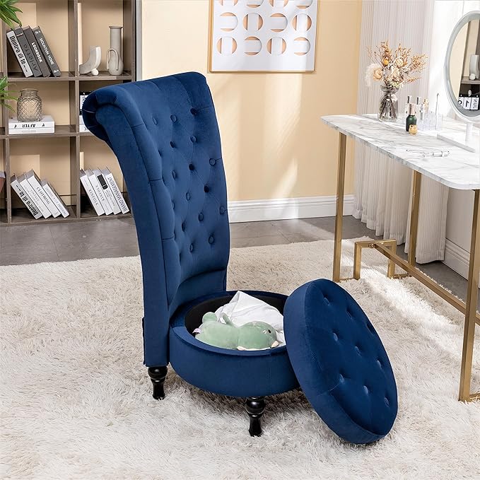 Container Furniture Direct Royal High-Back Velvet Accent Chair for Vanity with Storage and Luxurious Upholstery, Retro Design and Versatile Usage for Living Room, Bedroom, Lounge and Office, Dark Blue