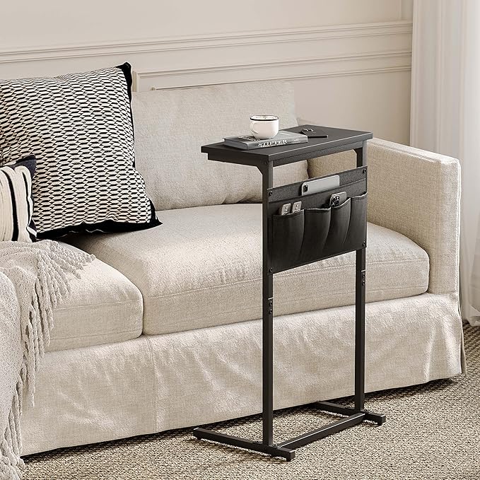 C Shaped End Table, Side Table for Sofa, Small TV Tray, Couch Table with Storage Bag for Small Space, Living Room, Bedroom, Home Office LET501B (Black)