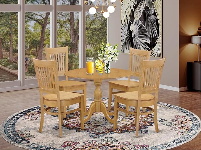 East West Furniture DMVA5-OAK-W 5 Piece Modern Dining Table Set Includes a Round Wooden Table with Dropleaf and 4 Kitchen Dining Chairs, 42x42 Inch, Oak