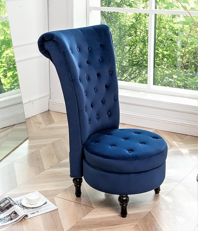 Container Furniture Direct Royal High-Back Velvet Accent Chair for Vanity with Storage and Luxurious Upholstery, Retro Design and Versatile Usage for Living Room, Bedroom, Lounge and Office, Dark Blue