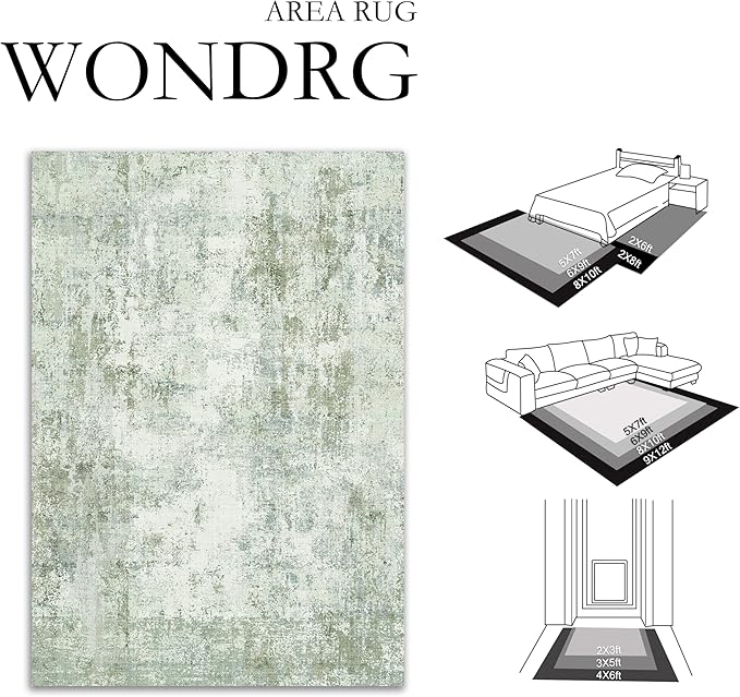 6x9 Washable Area Rug Green Modern Neutral Abstract Living Room Bedroom Indoor Floor Carpet Low Pile Soft Non-Slip Lightweight Vacuumable Throw Rug for Nursery Dining Room Office