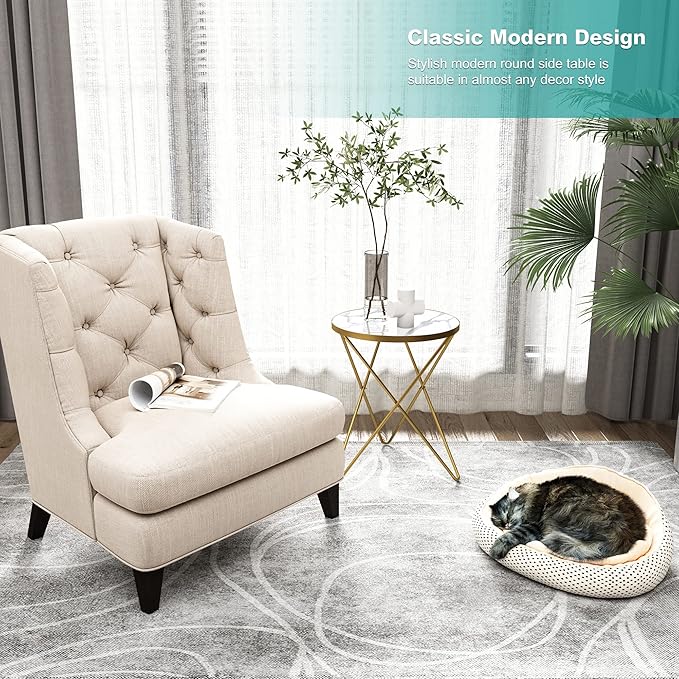 HLR Modern Round Side Table, End Table with Marble Effect Top and Gold Metal Frame, Small Side Table for Living Room, Bedroom, Sofa and Couch, Gold Legs, White Marble top