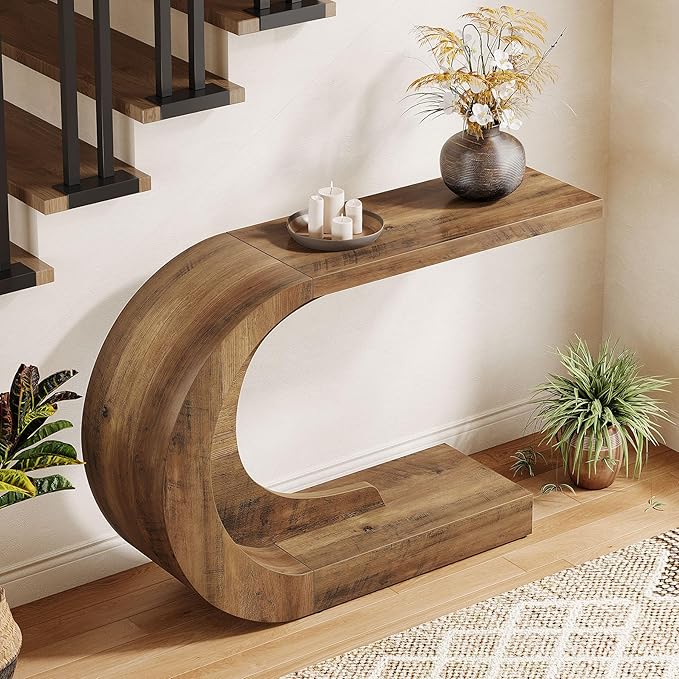 Tribesigns 43.3" Mid-Century Modern Console Table for Entryway, Wood C-Shaped Hallway Entry Accent Table for Living Room, Entrance, Foyer, Easy Assembly, Brown