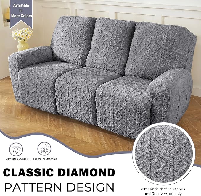 vctops 8 Pieces Geometric Jacquard Plush Recliner Sofa Covers Soft Fuzzy Fluffy 3 Seats Couch Cover Anti-Slip Sofa Slipcover Furniture Protector with Elastic Bottom for Kids Pet(Grey,3 Seat)
