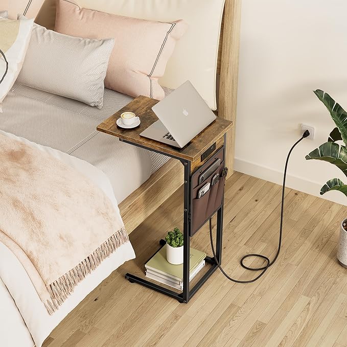 Vagusicc C Shaped End Table with Charging Station, Small Side Table for Couch, Tall Sofa Table Couch Side Tables, Slide Under Sofa Table TV Tray Arm C Tables for Living Room, Bedroom, Bedside, Brown