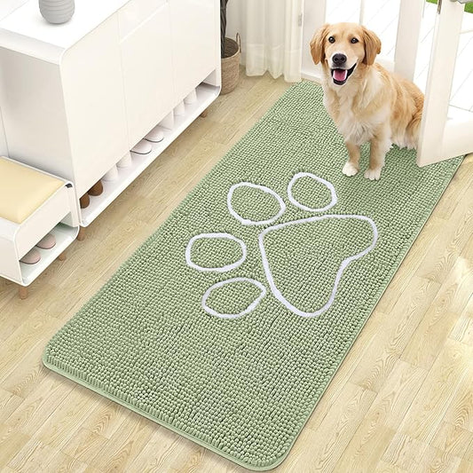 OLANLY Door Mat for Muddy Dog Paws 47x24, Ultra Absorbent Chenille Mud Doormat with Paw Print Design, Non-Slip Washable Doormat for Indoor Entryway, Quick-Dry Pet Bed Mats for Dirty Dogs, Sage Green