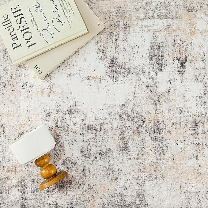 5x5 Washable Round Rug Beige Grey Neutral Abstract Living Room Bedroom Non Slip Low Pile Area Rug Office Entryway Indoor Doormat Soft Carpet for Entrance Bathroom Kitchen