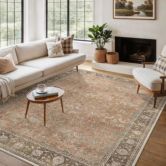 10X14 Area Rugs Machine Washable Rugs for Living Room, Vintage Boho Large Rugs for Bedroom Dining Room, Non Slip Indoor Soft Distressed Lightweight Thin Low Pile Carpet, Chestnut