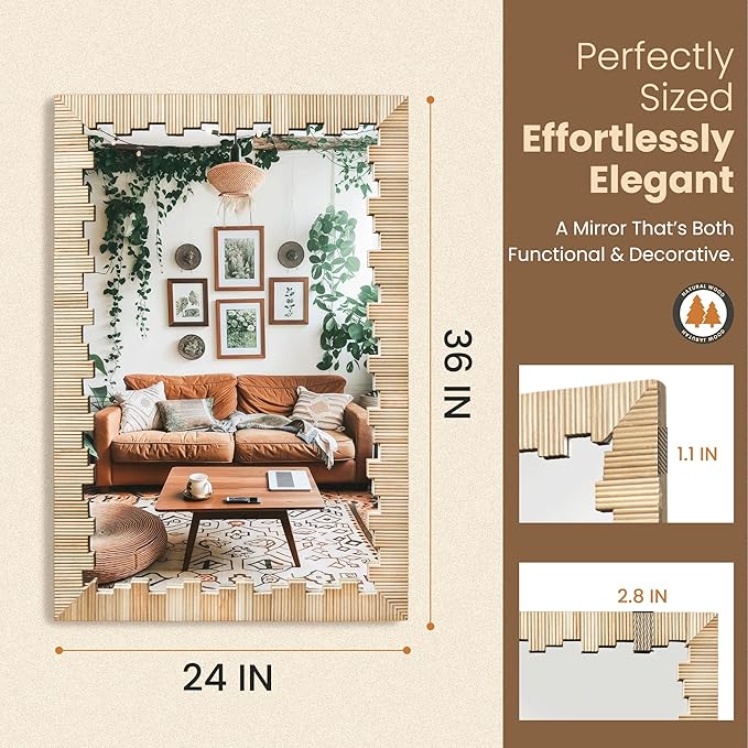 Boho Wall Mirror with Wood Frame, 36"x24" Faux Rattan Decorative Vanity Mirror for Bathroom, Living Room, Bedroom, Entryway(Rectangle)