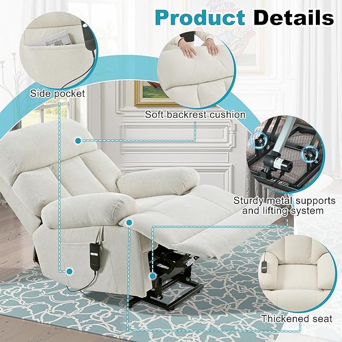 Recliner Chair Power Lift Massage Chair Full Body 23" Large Size Electric Recliner with Seniors, Home Theater Seating with Remote Control, Side Pocket, Spacious Seat, Light Gray