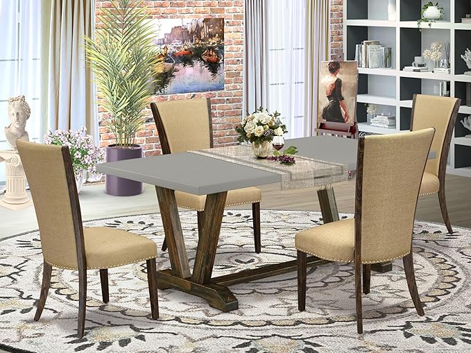 East West Furniture V797VE703-5 5 Piece Dining Room Table Set Includes a Rectangle Dining Table with V-Legs and 4 Brown Linen Fabric Upholstered Parson Chairs, 40x72 Inch, Multi-Color