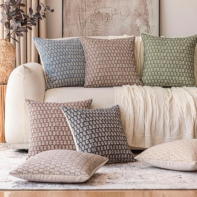 Foindtower Set of 2 Decorative Vintage Floral Print Throw Pillow Covers Neutral Modern Farmhouse Cushion Covers Boho Home Decor for Sofa Chair Couch Bedroom Living Room Outdoor,18×18 Inch,Sage Green