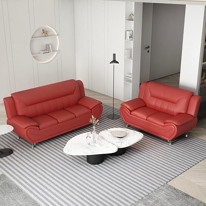 Container Furniture Direct Michael Modern Faux Leather Upholstered Stainless Steel Legs Living Room Sofa, Red