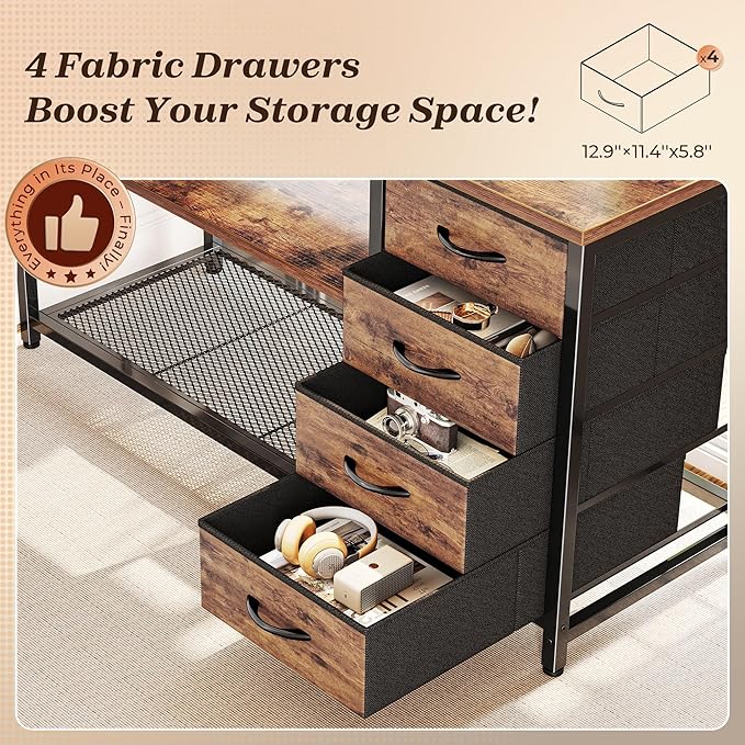 PRAISUN 53" L Shaped Desk with Power Outlets and USB-C Port, Reversible Computer Corner Office Desk with 4 Fabric Drawers and 2 Height-Adjustable Shelves, Large for Gaming Writing Study, Rustic Brown