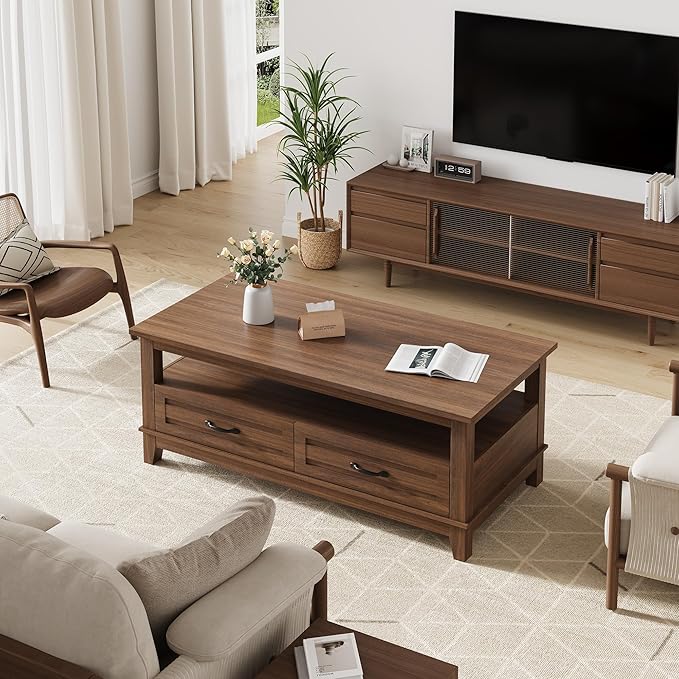 GarveeHome Farmhouse Coffee Table with Drawers, 47.2" Center Table Rustic Coffee Tables Walnut Center Table with Open Shelf, 6 Support Legs