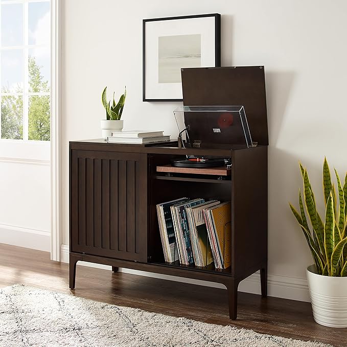 Crosley Furniture Asher Media Console and Record Player Stand with Storage for Vinyl Records, Dark Brown