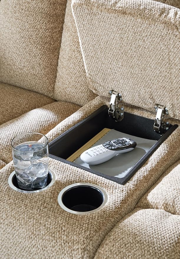 Signature Design by Ashley Tip-Off Classic Wall Hugger Power Reclining Loveseat with Adjustable Headrest, USB Ports, Storage and Cup Holders, Light Brown