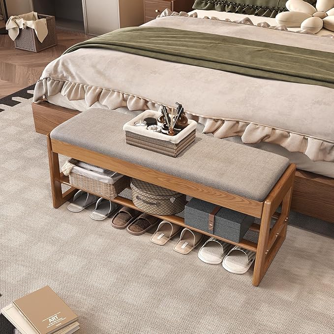 Shoe Rack Bench with Cotton-Linen Cushion 2-Tier Wooden Storage Bench 550lbs Compact Simple & Modern Design for Entryway, Hallway, Bedroom, Living Room, Closet, Front Door Entrance, Foyer