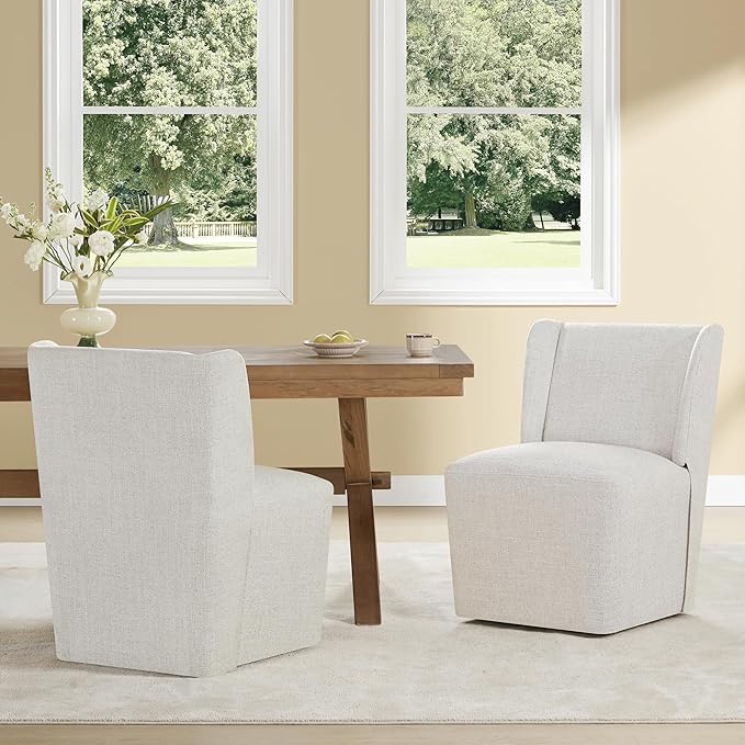 Upholstered Dining Chair with Casters Wingback Modern Side Armless Deskchair with Rollers for Diningroom Bedroom Livingroom Reading Room,Linen,1 Box