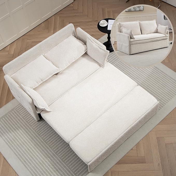 Furnimart 59.5" Queen Size Pull Out Sofa Bed, 3 in 1 Convertible Sleeper Bed with USB/C-Type Charging Ports & Side Pockets, Modern Futon Couch for Living Room, Apartment, RV, Corduroy White