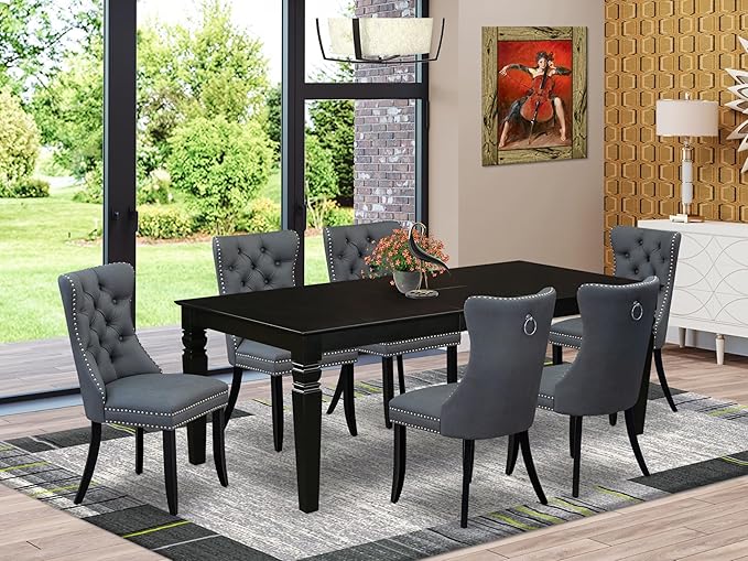 East West Furniture LGDA7-BLK-13 7 Piece Dining Set Includes a Rectangle Kitchen Table with Butterfly Leaf and 6 Polyester Fabric Upholstered Chairs, 42x84 Inch, Black