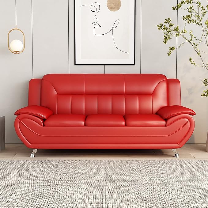 Container Furniture Direct Michael Modern Faux Leather Upholstered Stainless Steel Legs Living Room Sofa, Red