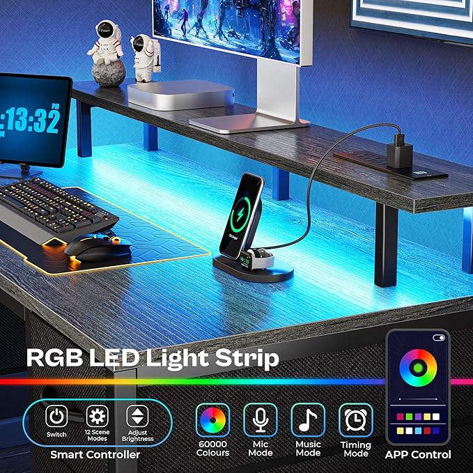 Huuger 55 inch Computer Desk with 4 Drawers, Gaming Desk with LED Lights & Power Outlets, Home Office Desk with Large Storage Space for Bedroom, Work from Home, Gray