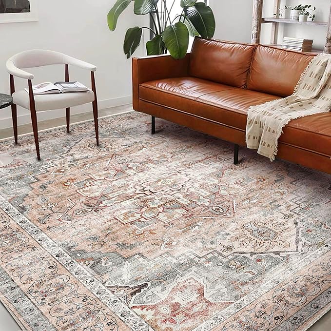 Washable Area Rug 10'x14' Light Cyan and Light red Retro Flowers Boho Design Non-Shedding Easy Care Ideal for High Traffic Areas in Living Room Bedroom Office Kitchen Large Carpet