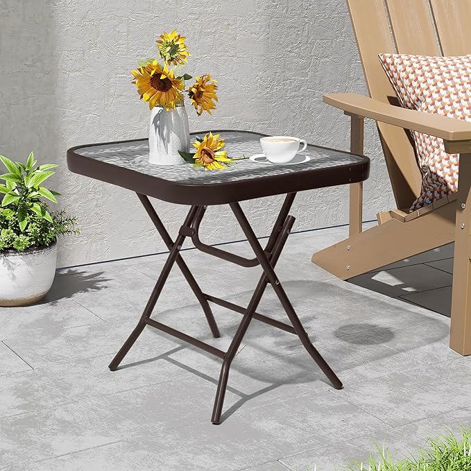 Foldable Outdoor Side Table with Tempered Glass Top Square 18" Folding Patio Side Table Small Glass End Tables for Patio Porch Yard Balcony Deck Lawn Dining Garden (Brown)