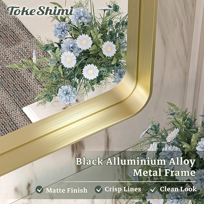 TokeShimi 55 x 36 Inch Brushed Gold Bathroom Mirror for Wall Vanity Mirror with Non-Rusting Aluminum Alloy Metal Frame for Modern Minimalist Farmhouse Home Decor (Horizontal/Vertical)