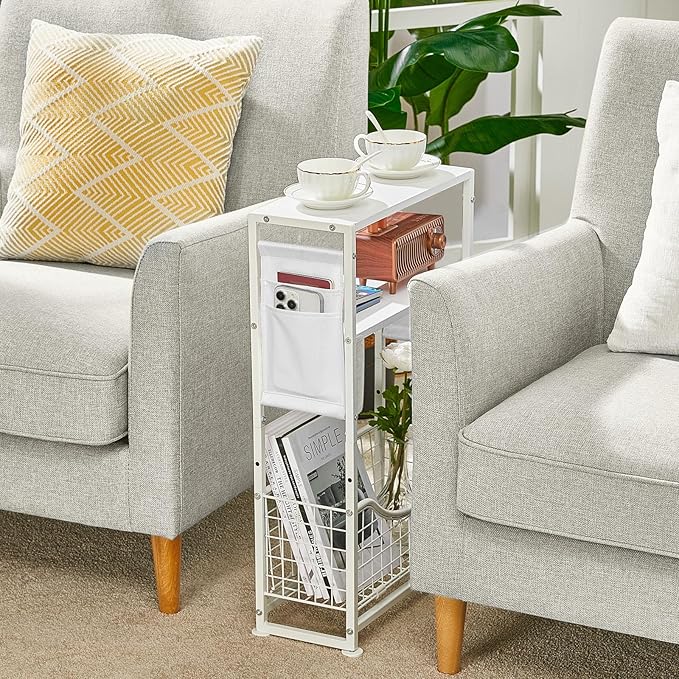Narrow Side Table, Skinny Small End Tables with Magazine Holder, 3 Tier Small Sofa Side Table for Smalls Spaces, Sofa Couch Tables Bedside Table for Living Room Bedroom Office