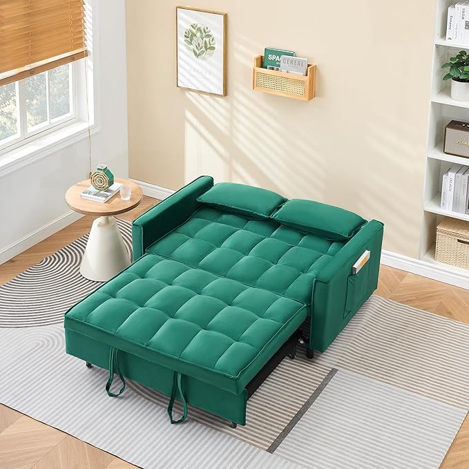 Ball & Cast 55" Convertible Sofa Bed,3 in 1 Sleeper Sofa W/Pull-Out Bed,Convertible Pull Out Couch W/2 Pillows,Adjustable Backrest & Side Pocket,Velvet Futon Couches for Living Room,Apartment,Green