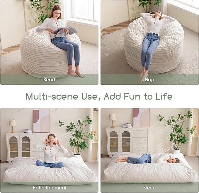 Giant Bean Bag Chair Bed for Adults, Convertible Beanbag Folds from Lazy Chair to Floor Mattress Bed with Machine Washable Cover, Large Floor Sofa Couch with High-Density Foam Filling