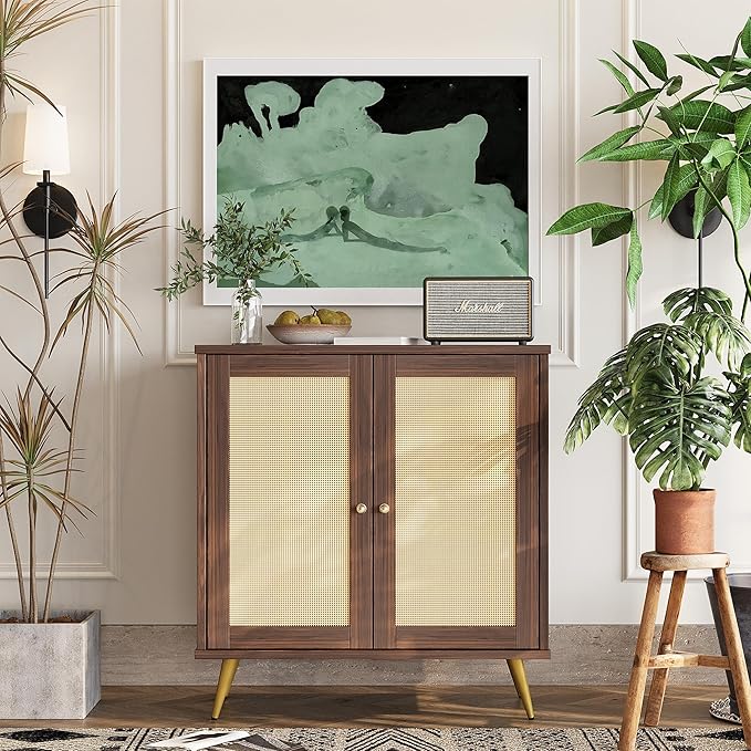 Shintenchi Rattan Buffet Cabinet with Storage, Sideboard Buffet Cabinet with Rattan Decor Doors, Modern Wood Cupboard for Kitchen Living Room Dining Room Hallway Entry,Brown